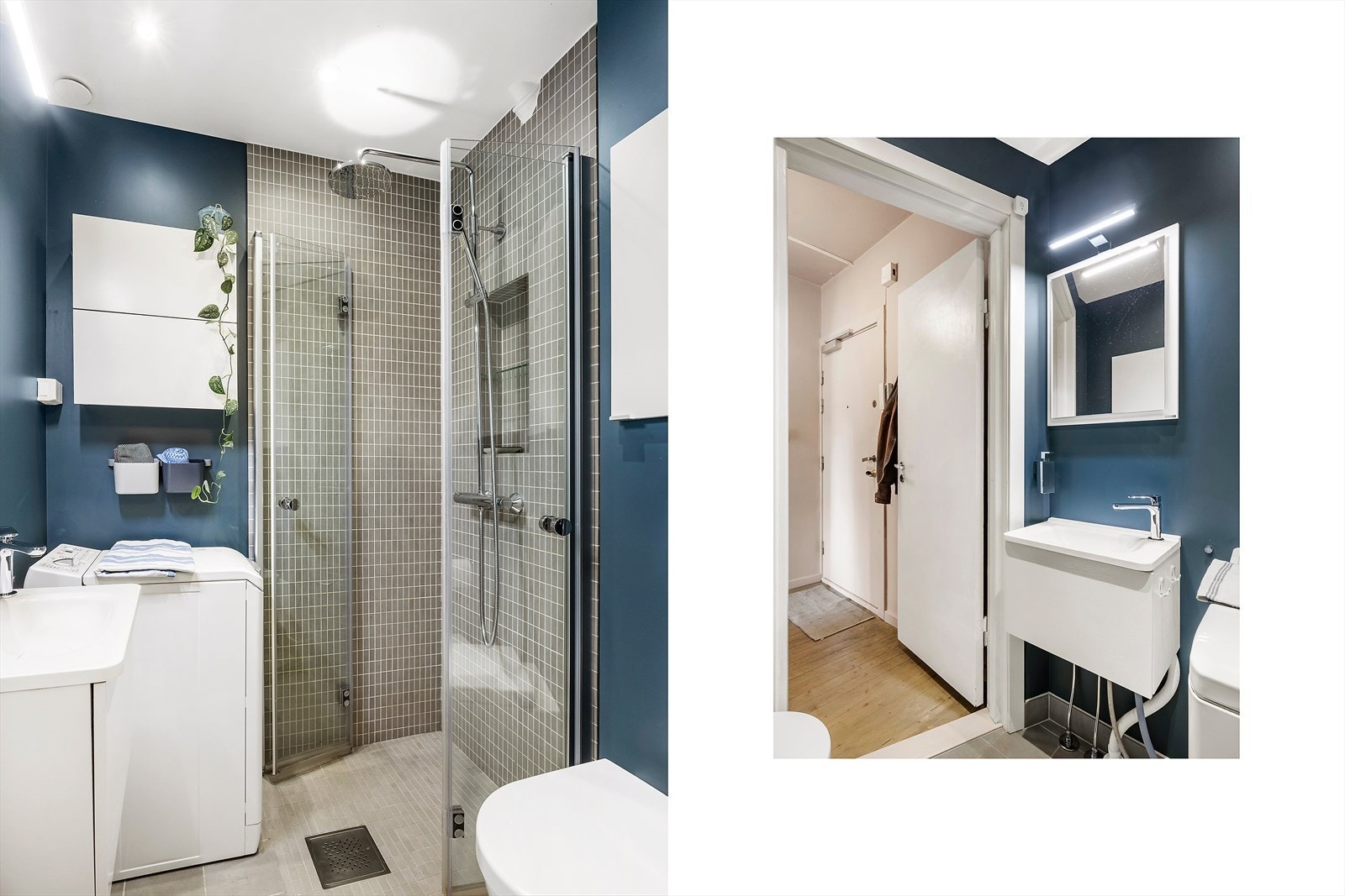 Badet er videre innredet med servant, speil, vegghengt toalett og dusjhjørne. Galleribilde