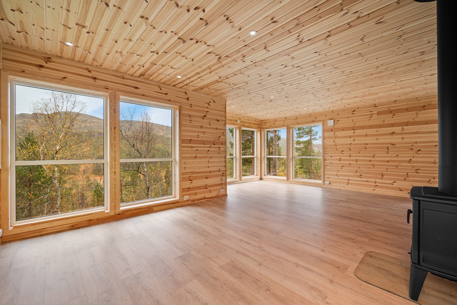 Stua er lys og romslig med store vindusflater som gir godt naturlig lys inn samtidig som det ivaretar utsikten. Galleribilde