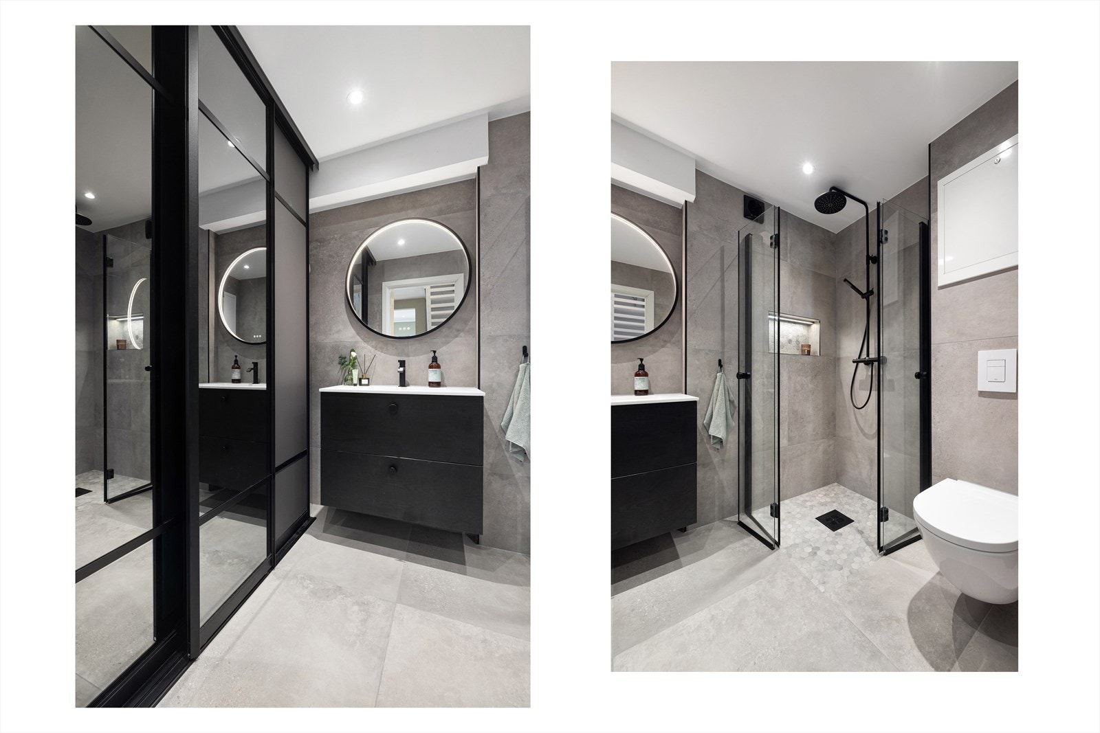Badet er innredet med helstøpt servant i innredning med skuffer. Speil med belysning. Skyvedørsgarderobe med god oppbevaringsplass. Vegghengt toalett. Dusj med takdusj og hånddusj, nisje til såper etc., samt lekre innfellbare glassdører Galleribilde