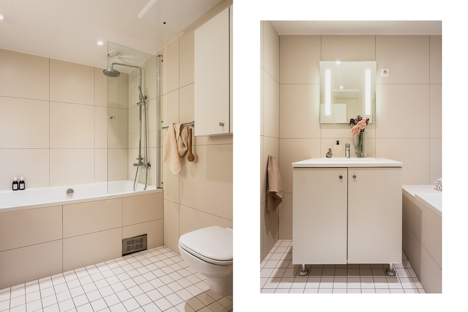 Flislagte overflater, varme i gulv og downlights i tak gir en lun og moderne spa-følelse. Vannbåren gulvvarme sørger for optimal komfort hele året. Galleribilde