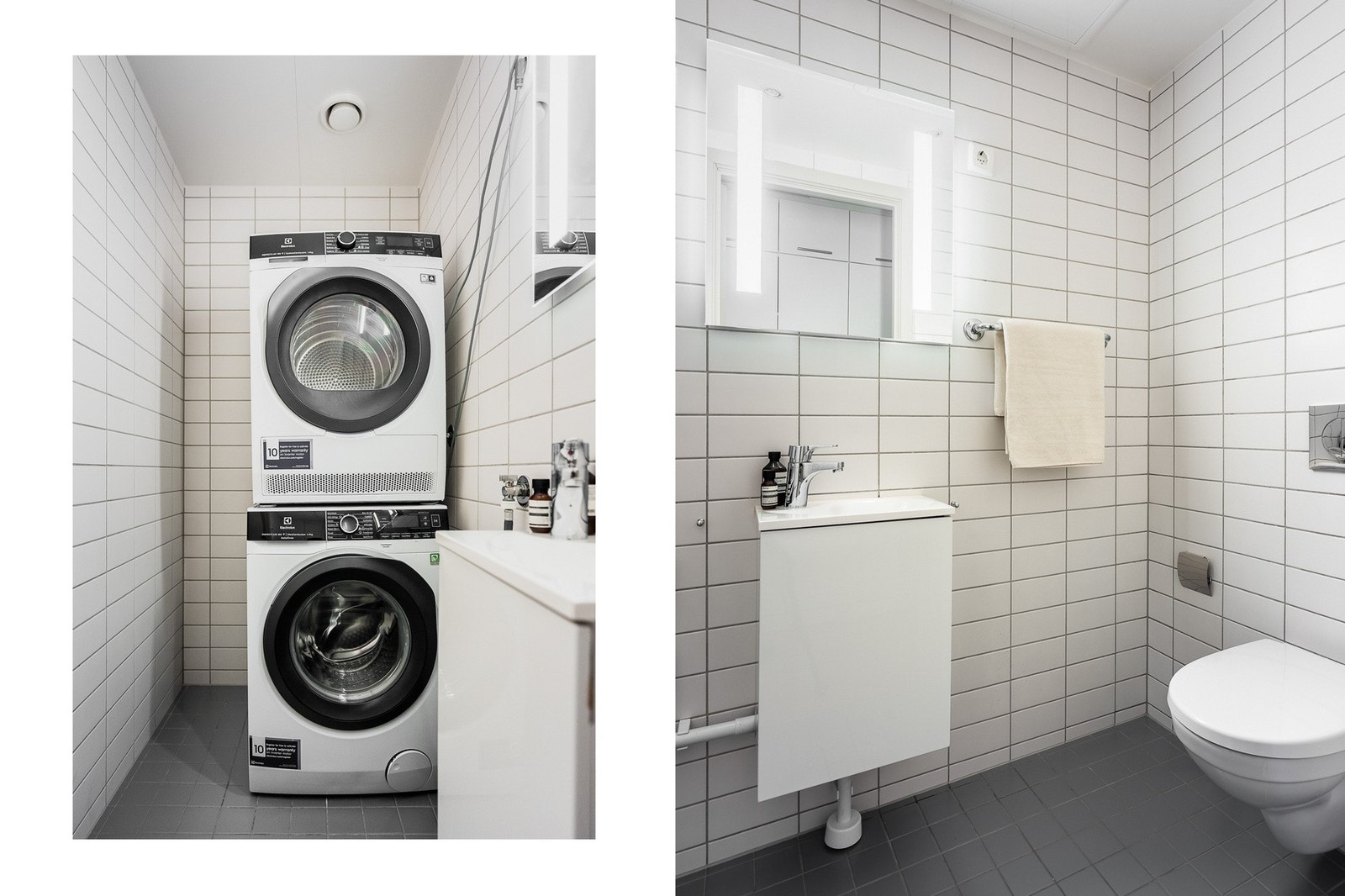 Det andre badet er praktisk plassert nær soverommene, med dusjnisje, servant, vegghengt toalett og opplegg for vaskemaskin og tørketrommel. Dette rommet fungerer som både gjestebad og vaskesone, og gjør hverdagen ekstra smidig - perfekt for familier og pa Galleribilde