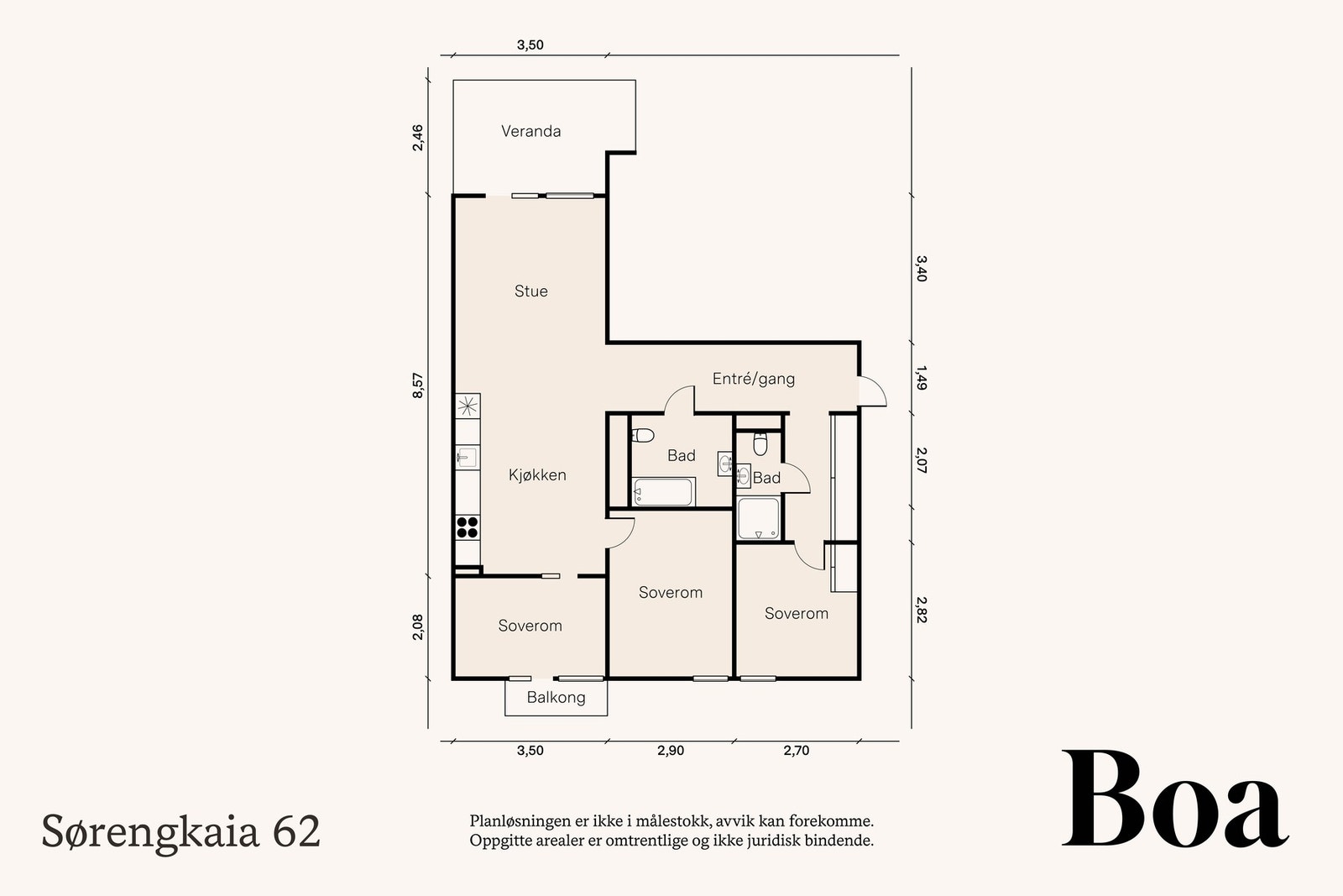 Entre/gang, 3 soverom, dusjbad, bad og stue med åpen kjøkkenløsning. Fra stuen er det utgang til veranda på ca 10 kvm. Fra ett soverom er det utgang til balkong på ca 2 kvm. En kjellerbod på 10 kvm. Galleribilde