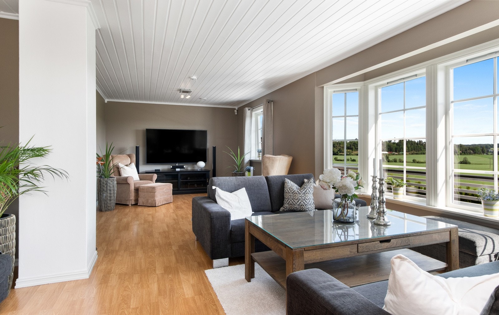 Stuen kan enkelt innredes og gir rikelig med plass til både familie og gjester. Galleribilde