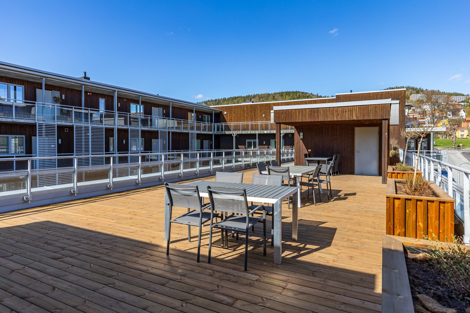 Sommerdagene tilbringes også på en felles takterrasse med pergola, sittegrupper og blomsterkasser. Galleribilde