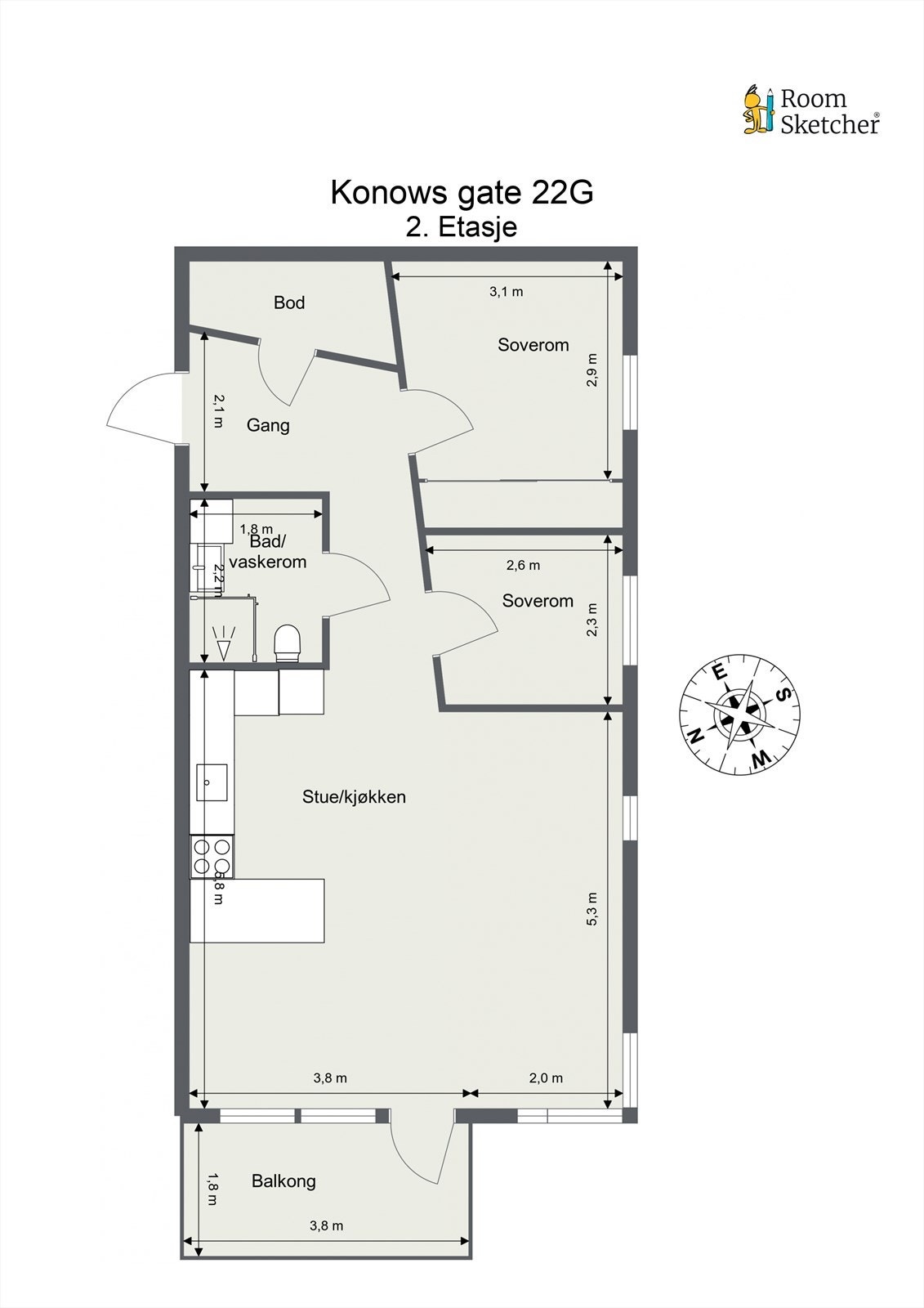 Leiligheten er på 68 m² og består av entré med bod, stue/kjøkken, bad og to soverom. Galleribilde