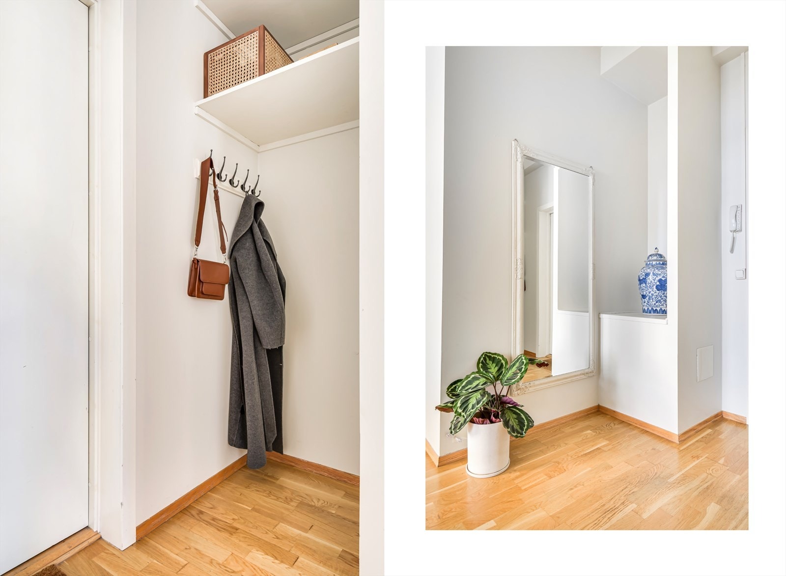 Det er plass for ytterjakker, sko og andre eiendeler i praktisk nisje. Galleribilde