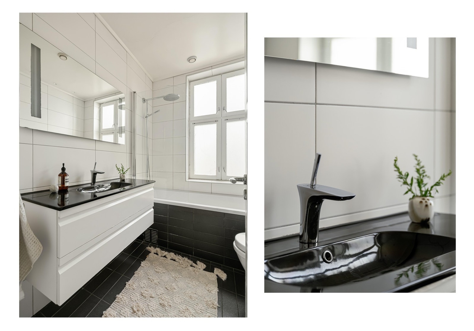 Baderomet er fra 2009 og er innredet med servant med skuffeseksjon, badekar samt plass og opplegg for vaskemaskin og tørketrommelt. Galleribilde