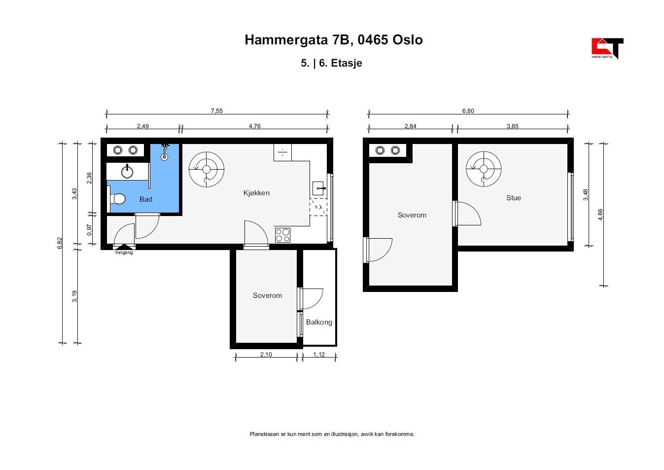 Leiligheten strekker seg over to plan og har gode gjennomtenkte løsninger. To separate innganger, 5 og 6. etg. Galleribilde