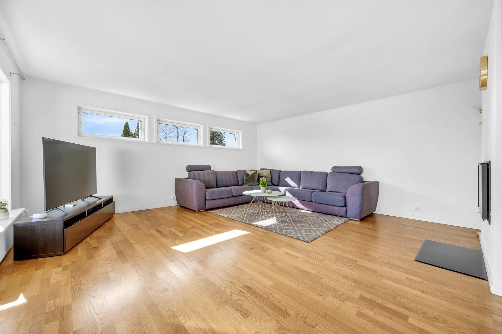 Romslig stue med plass til sofagruppe med tilhørende mediemøblement Galleribilde