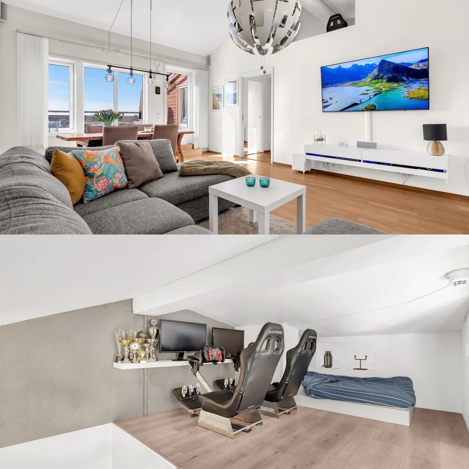 Bildet av en tilsvarende leilighet i borettslaget som har laget hems i stuen. Kjøper må selv undersøke mulighetene for denne leiligheten. Galleribilde