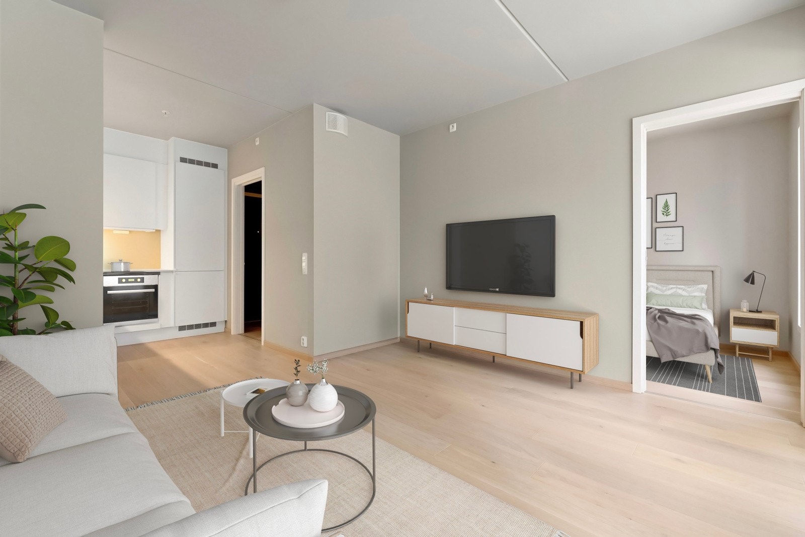 Leiligheten stod ferdig i 2024 og holder følgelig høy standard. Digital styling, bilde kun ment som illiustrasjon. Galleribilde