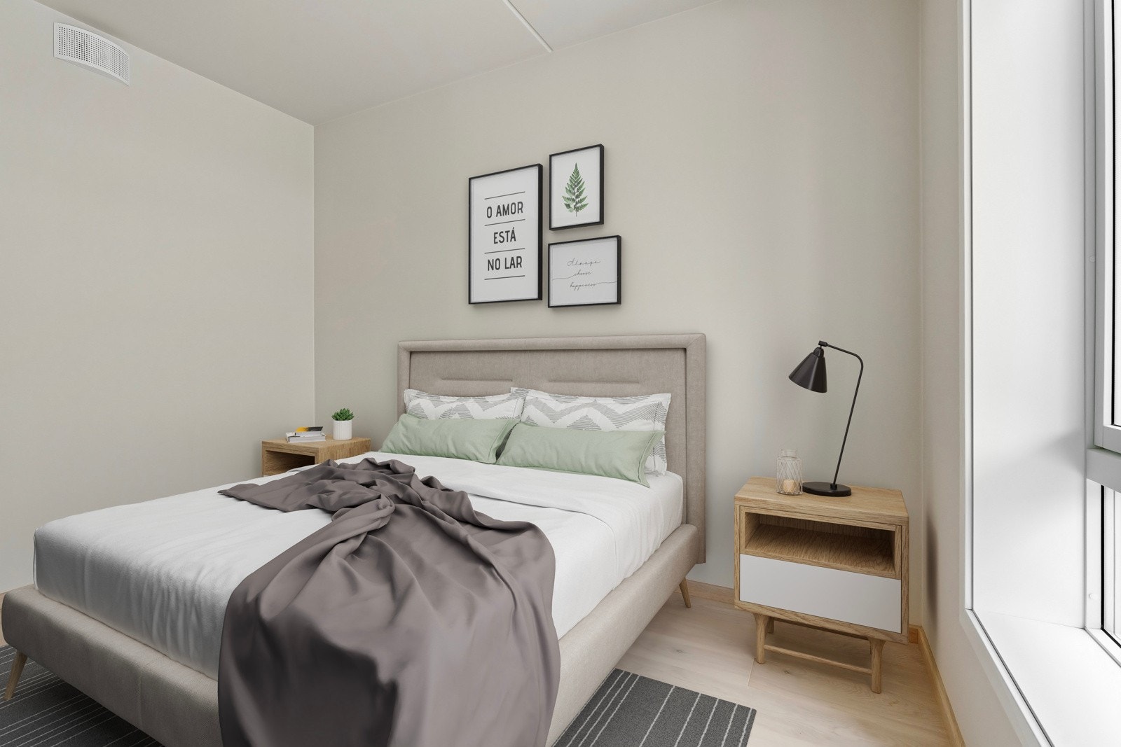 Lyst og innbydende soverom med plass til dobbeltseng og tilhørende nattbord. Digital styling, bilde kun ment som illiustrasjon. Galleribilde