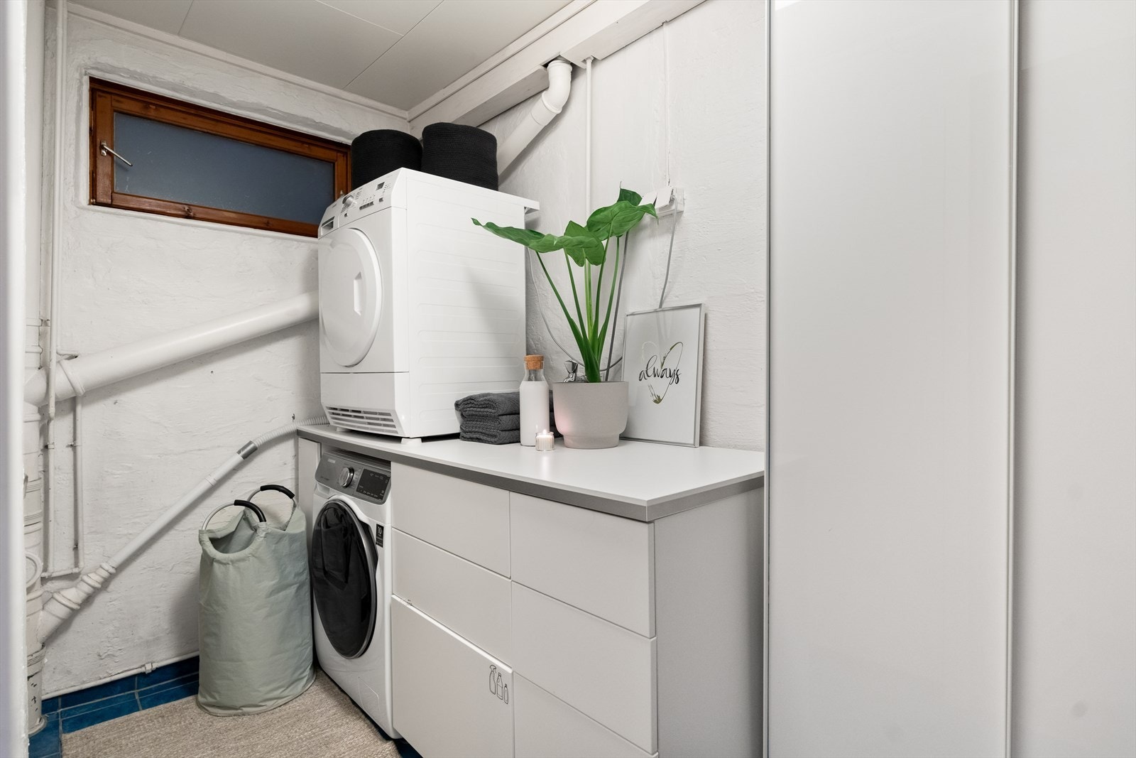 Vegg i vegg med baderommet ligger et praktisk vaskerom. Galleribilde