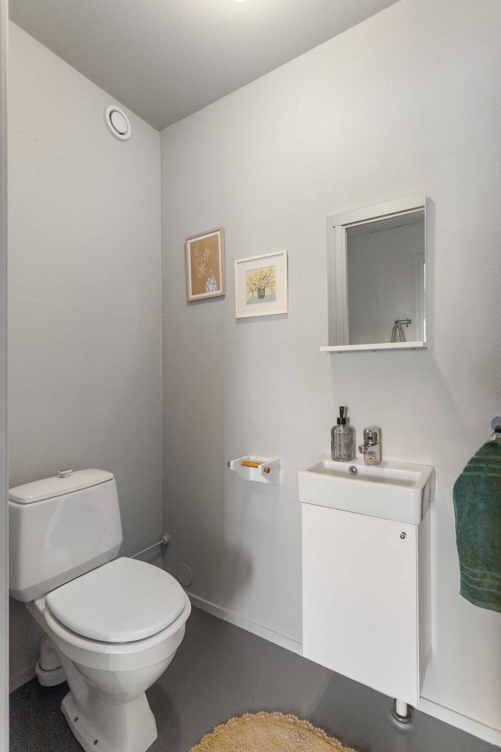 Nymalt separat WC med frittsåtende toalett, servant med underskap og speil Galleribilde