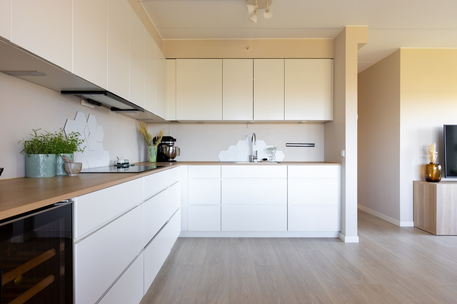 Videre er det integrerte hvitevarer som oppvaskmaskin, komfyr, induksjonstopp, mikrobølgeovn og kjøl/fryseskap. Galleribilde