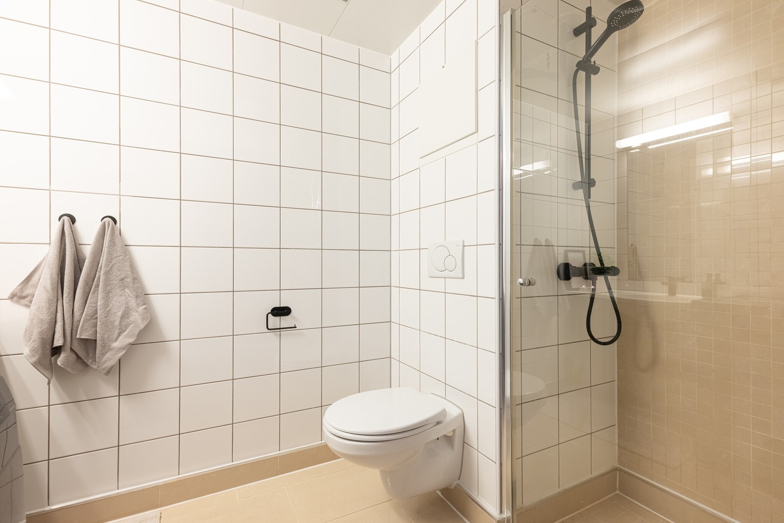 Videre er det dusj med innfellbare dusjdører og vegghengt toalett. Galleribilde