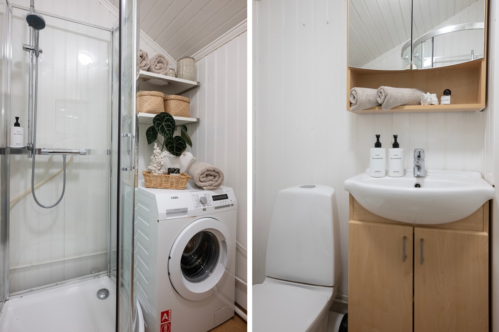 Praktisk baderom med dusjkabinett, servant ed underskap og opplegg for vaskemaskin. Galleribilde