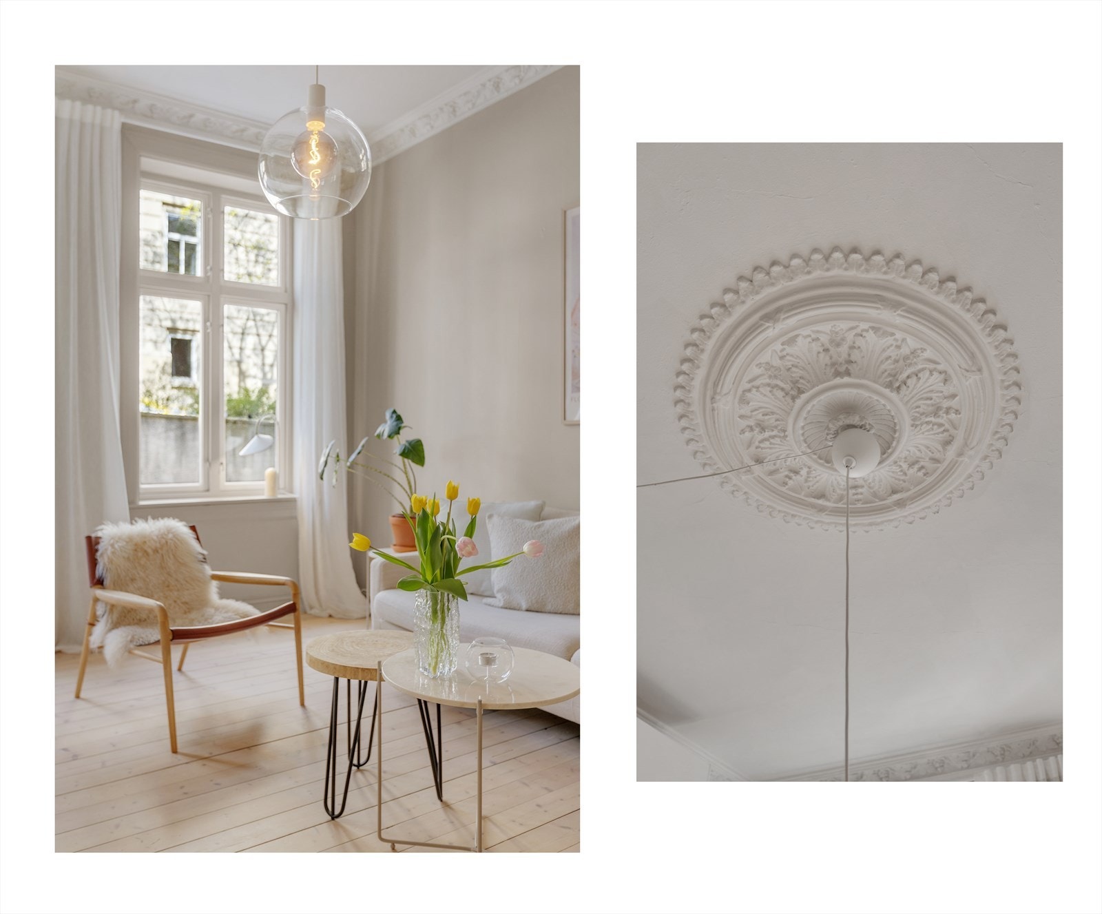 Leiligheten er fylt av klassiske detaljer som stukkatur og rosett i stuen. Det er også nærmere 3m takhøyde. Galleribilde