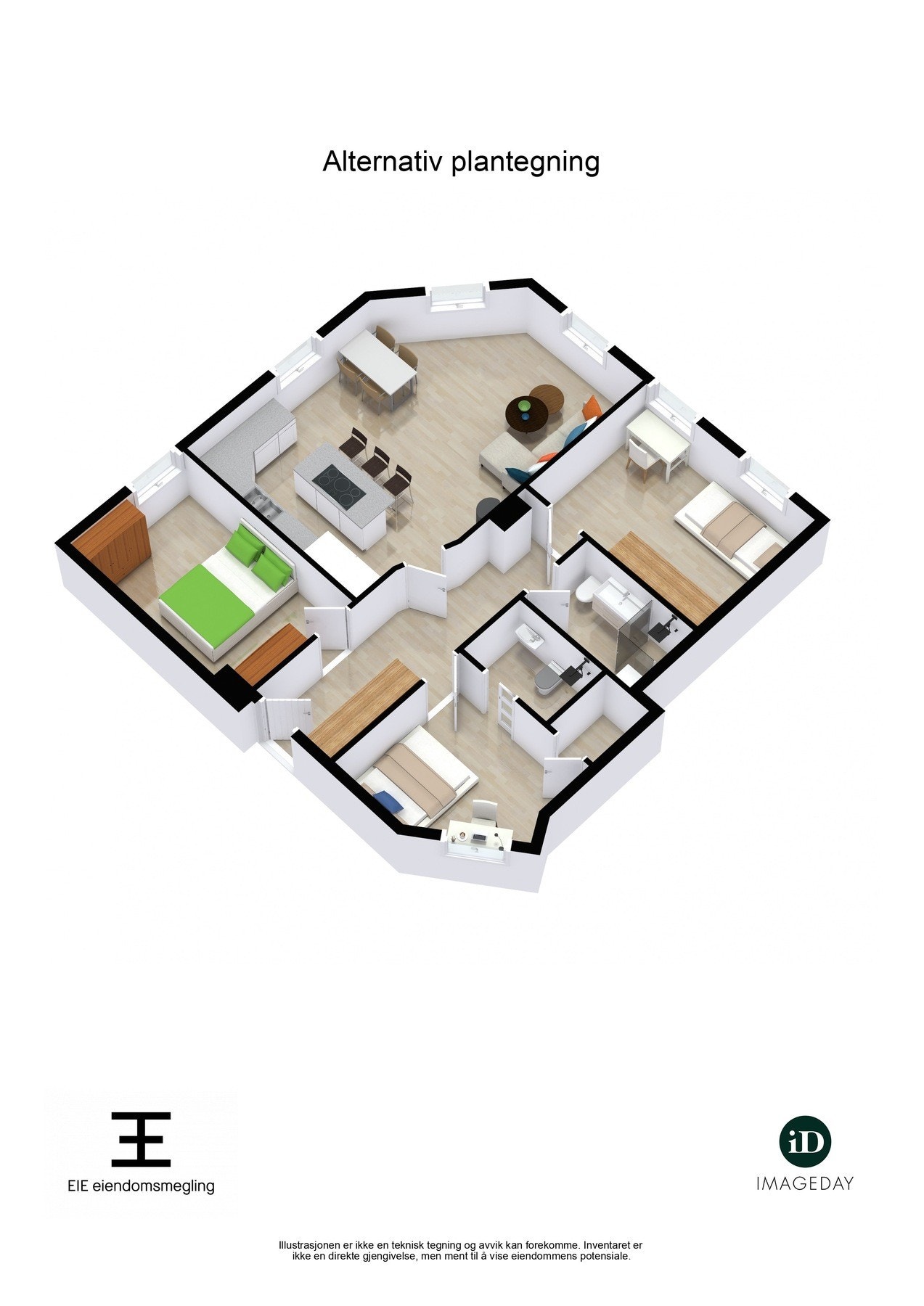 Her ser du den alternative planløsningen i 3D.
Bildet er kun ment som inspirasjon, og den enkelte må selv avgjøre hvorvidt og hvordan dette er gjennomførbart. Galleribilde