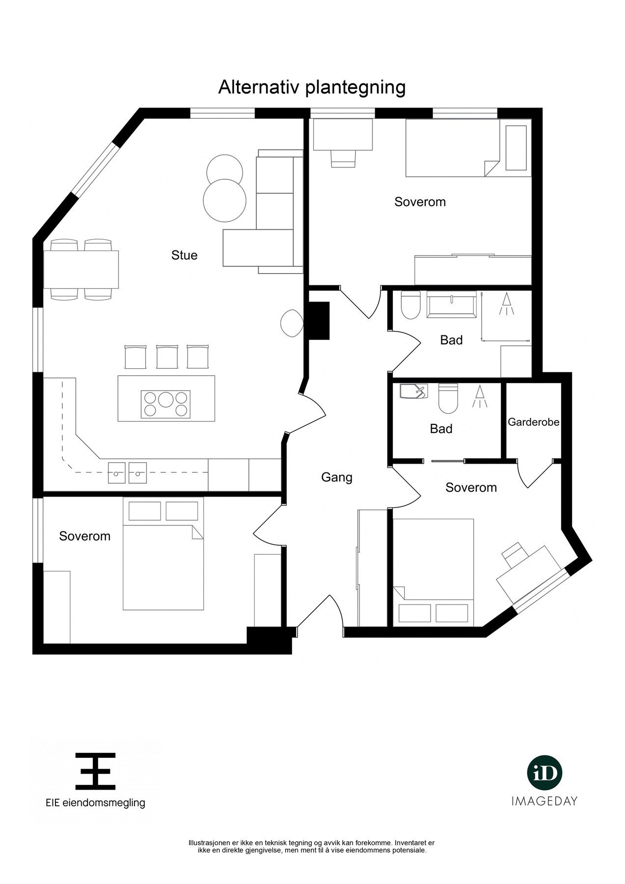 Her ser du en alternativ planløsning hvor man har flyttet kjøkkenet ut i stuen og laget et soverom nr. 3. Bildet er kun ment som inspirasjon, og den enkelte må selv avgjøre hvorvidt og hvordan dette er gjennomførbart. Galleribilde