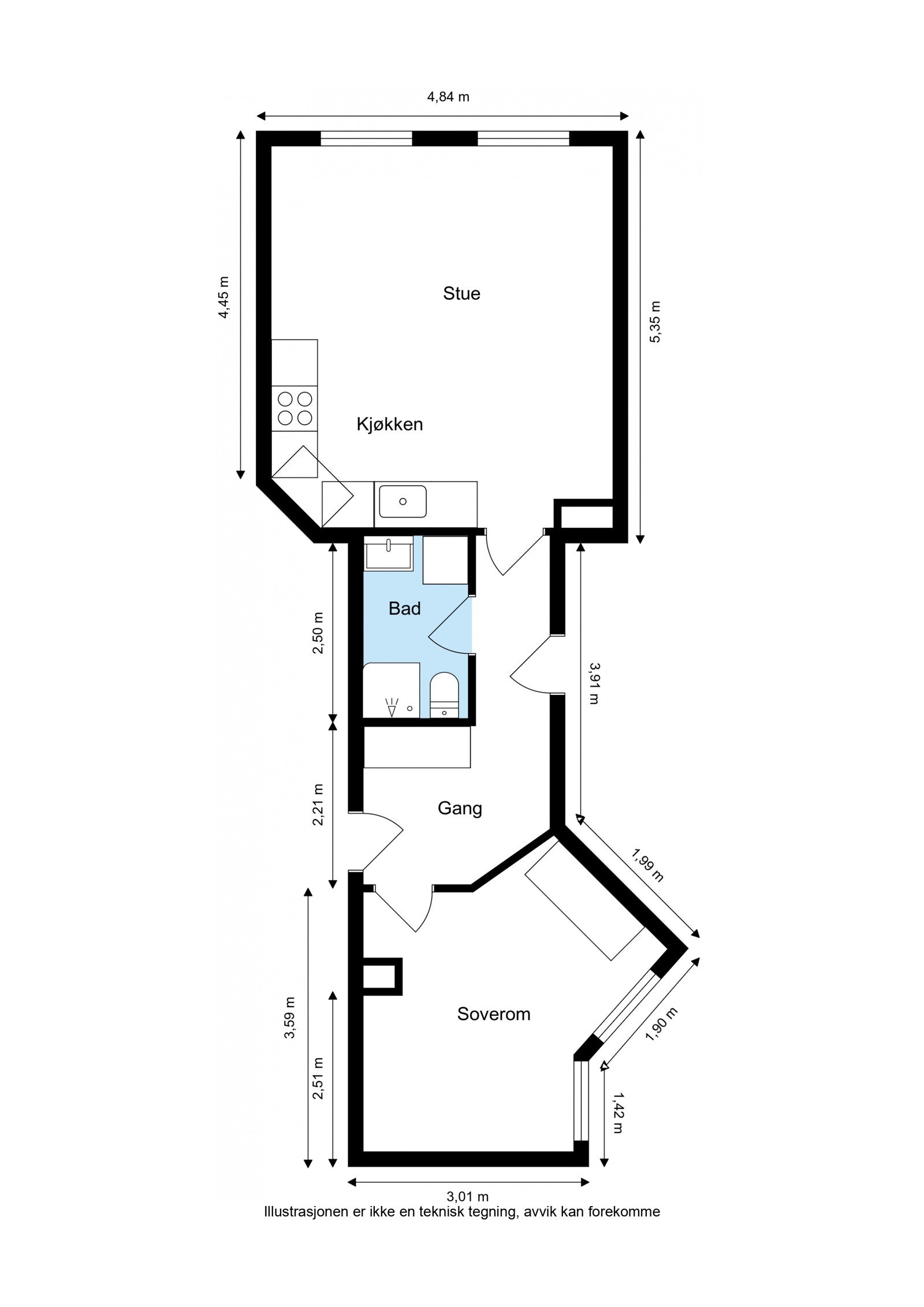 Plantegning. Leiligheten disponerer også en kjellerbod ca. 7 kvm Galleribilde