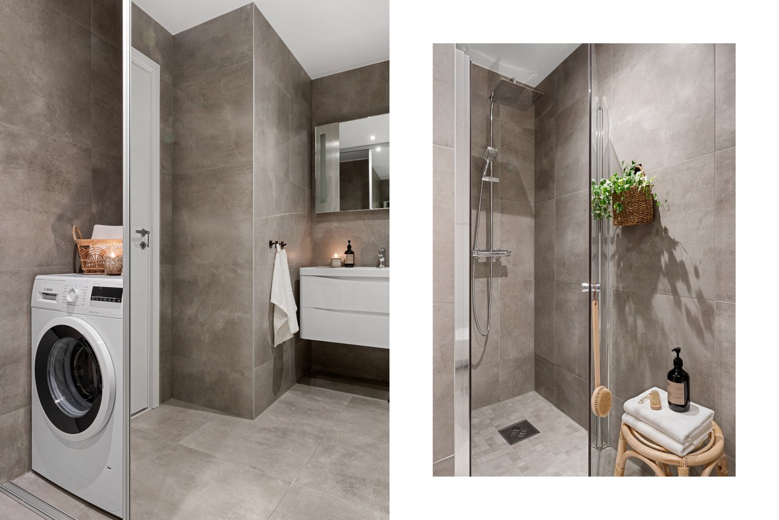 Badet er utstyrt med vegghengt toalett, dusj med foldedører og opplegg for vaskemaskin og tørketrommel bak skyvedørsgarderobe. Galleribilde