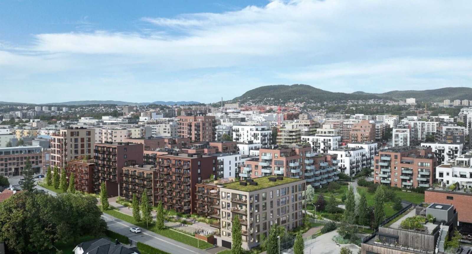 Illustrasjonsbilde av prosjektet på nabotomten. Illustrasjon er hentet fra Røisland & Co sine nettsider https://roislandco.no/boligprosjekter/haslevangen/ Galleribilde