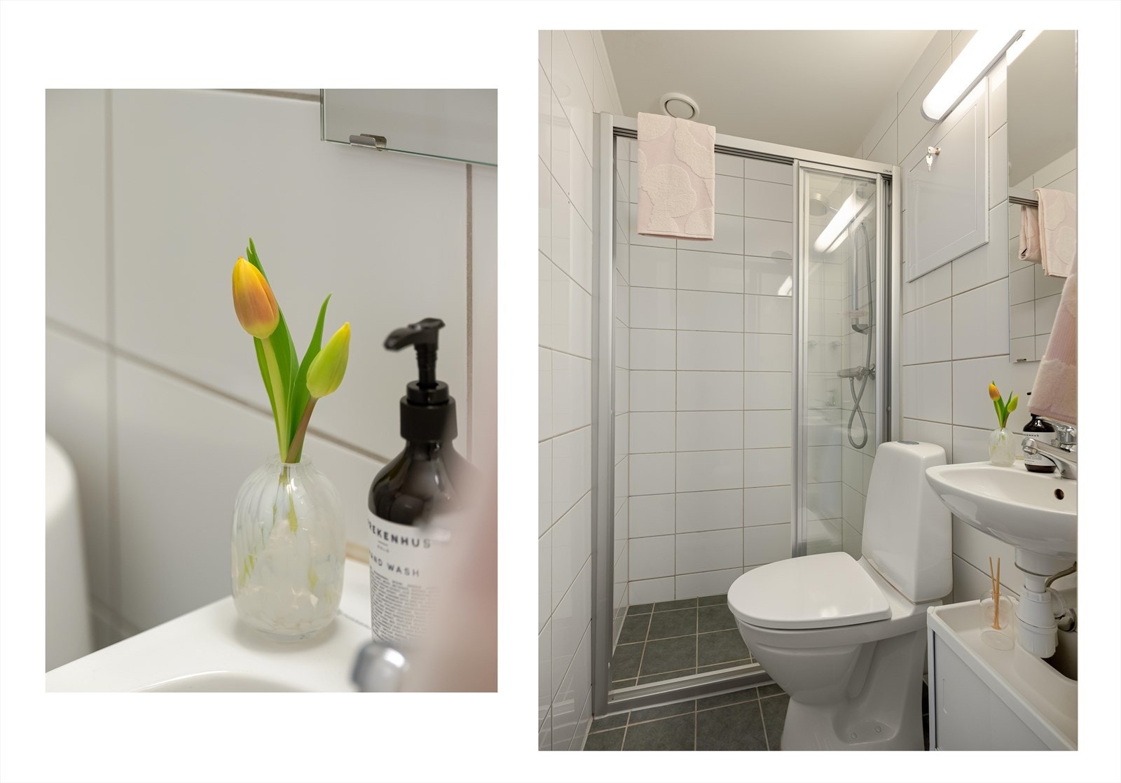 Rommet er utstyrt med toalett, servant, speil med overlys og dusj med skyvedør. I kjelleren er det felles vaskeri for beboerne. Galleribilde