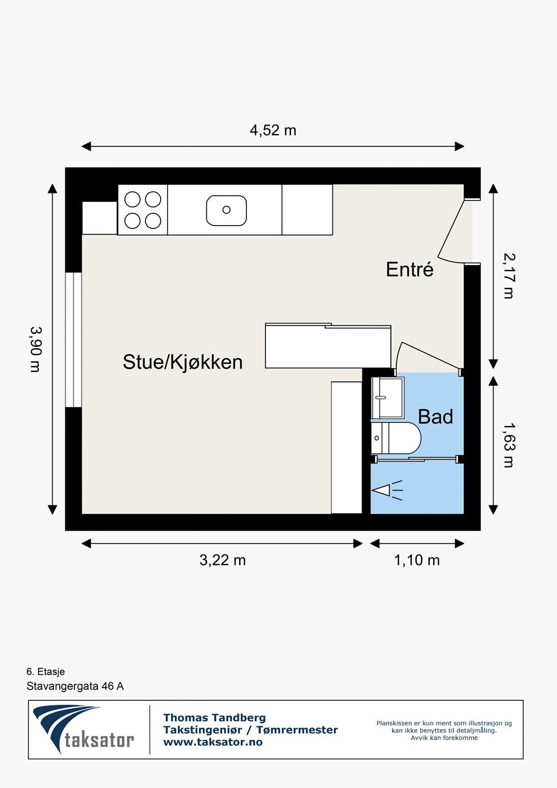 Leiligheten ligger i 6. etasje og inneholder entré, stue/kjøkken og bad. I tillegg disponerer leiligheten en loftsbod. Galleribilde