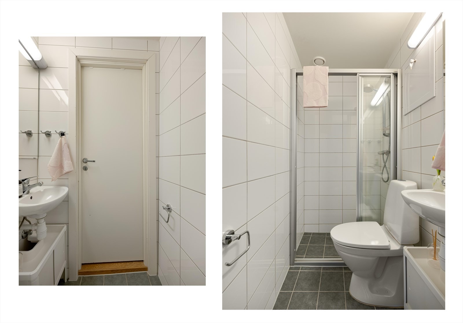 Baderommet med varmekabler på gulv og flislagte overflater fra 2014 ble pusset opp i regi av borettslaget. Galleribilde