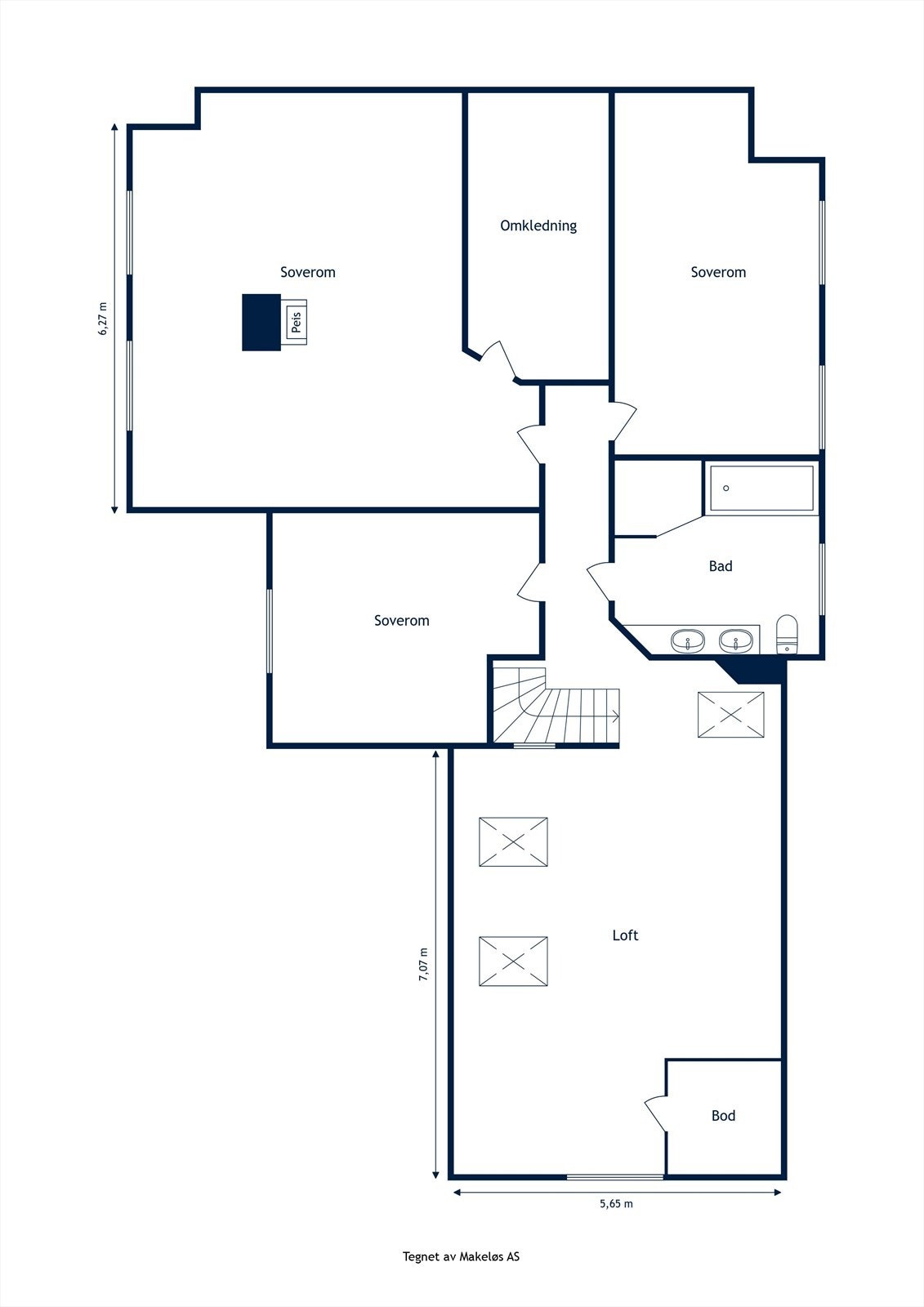 2. etasje, internt bruksareal 133 m²: Tre soverom, omkledningsrom, bad/wc, bod og loftstue Galleribilde