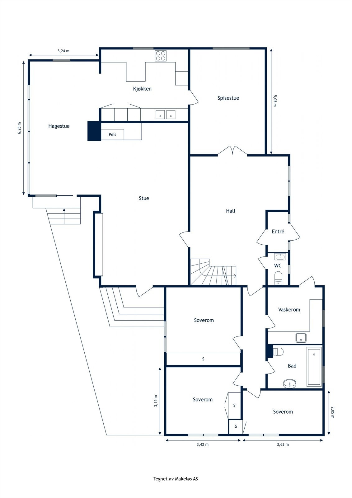 1.etasje, internt bruksareal 160 m²: Entré, hall med trapp, spisestue, kjøkken, hagestue, stue, toalettrom. Egen fløy med separat inngang, bad/wc, gang, tre soverom og vaskerom Galleribilde