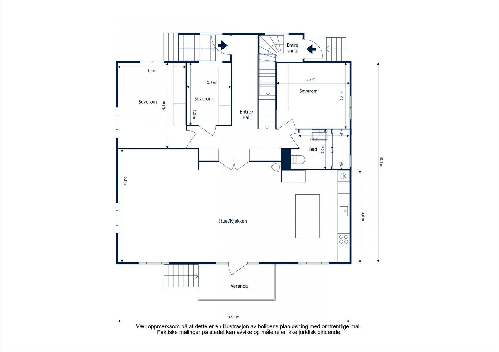 1. etg. (125 kvm BRA-I): Entré/hall med garderobeskap, tre soverom, bad/wc og stor stue/spisestue/kjøkken i åpen løsning. Fra stuen er det utgang til balkong på ca. 7 m², med trapp ned til hagen Galleribilde