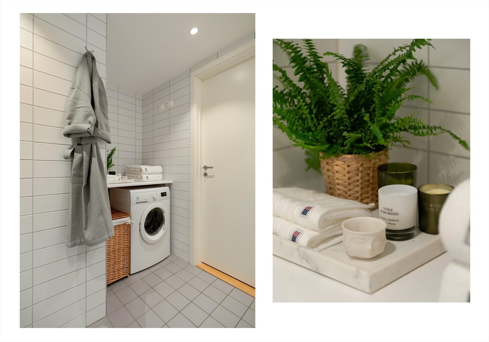 Badet har installasjoner med vegghengt toalett, dusjhjørne med innfellbare glassdører og opplegg for vaskemaskin med benkeplate over. Det er også plass til tørketrommel. Galleribilde