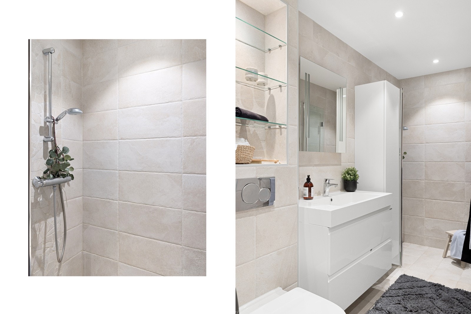 Pent baderom fra 2016 med servant med ettgreps kran og skuffer under, speil over med innebygd lys, høyskap på høyre side. Dusjvegg av glass med glassdør til å folde og vegghengt toalett Galleribilde