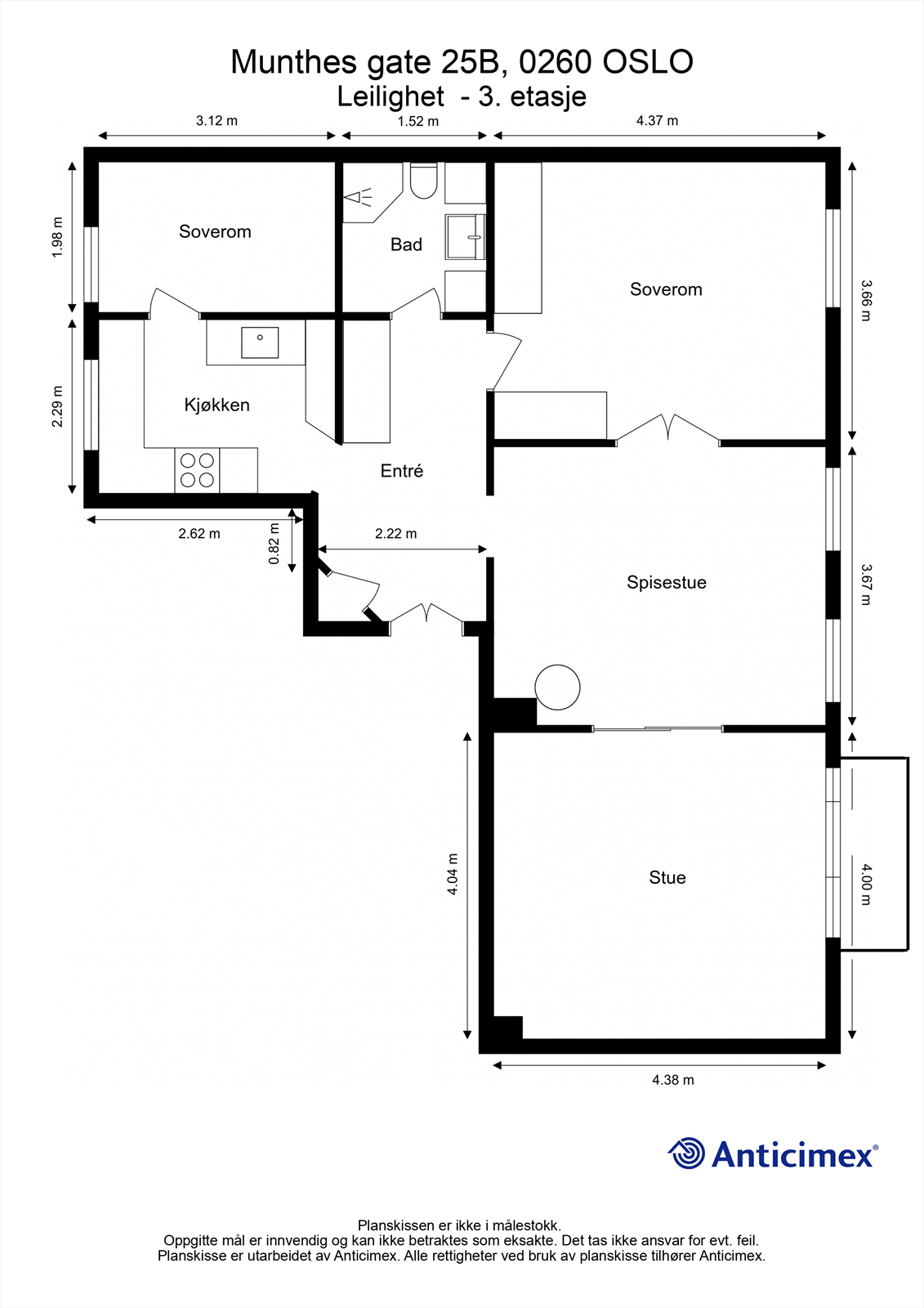 Denne plantegningen er bare en illustrasjon da balkongen var under rehabilitering da takstmann målte opp. Ihht tidligere salgsoppgave er balkongen oppmålt til ca. 4kvm. Galleribilde