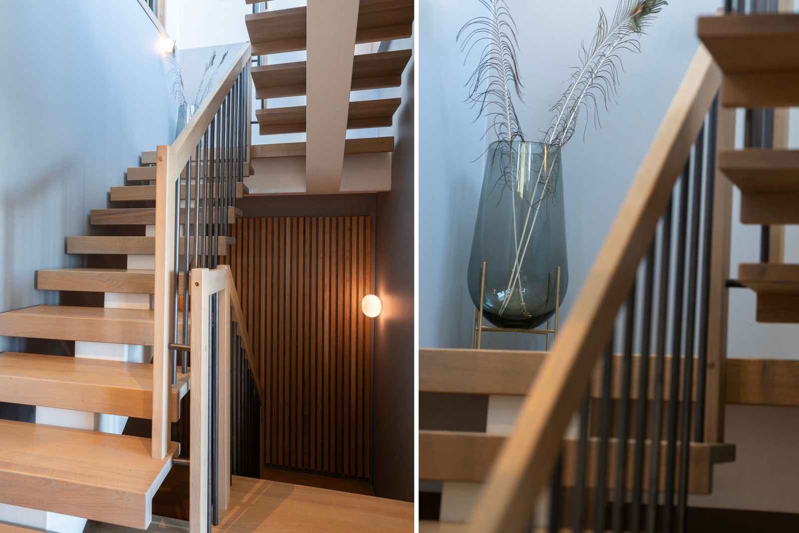 Det er et gjennomgående trapperom i alle etasjer, med solide trapper i heltre eik. Spilevegg og gjennomtenkt belysning tilfører et moderne og stilrent preg. Galleribilde