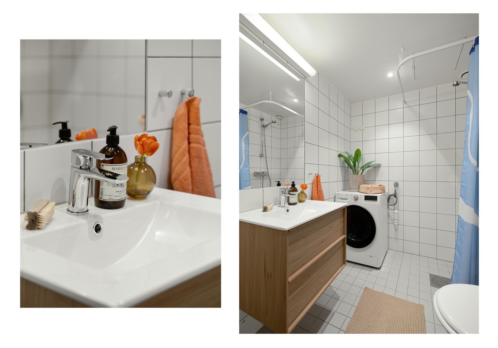 Badet har ny skuffeinnredning med tilhørende servant i 2025. Det er plass til vaskemaskin og tørketrommel i vaskesøyle. Galleribilde