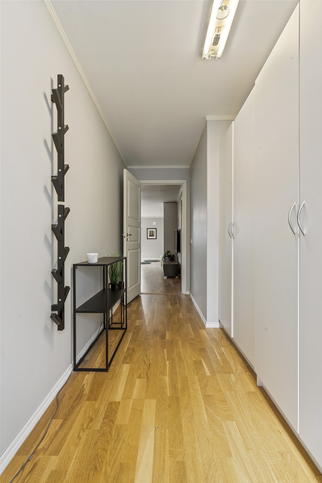 Gang med garderobeskap i kjeller. Gang er i forbindelse med vindfang og inngangspartiet til kjelleretasjen. Galleribilde