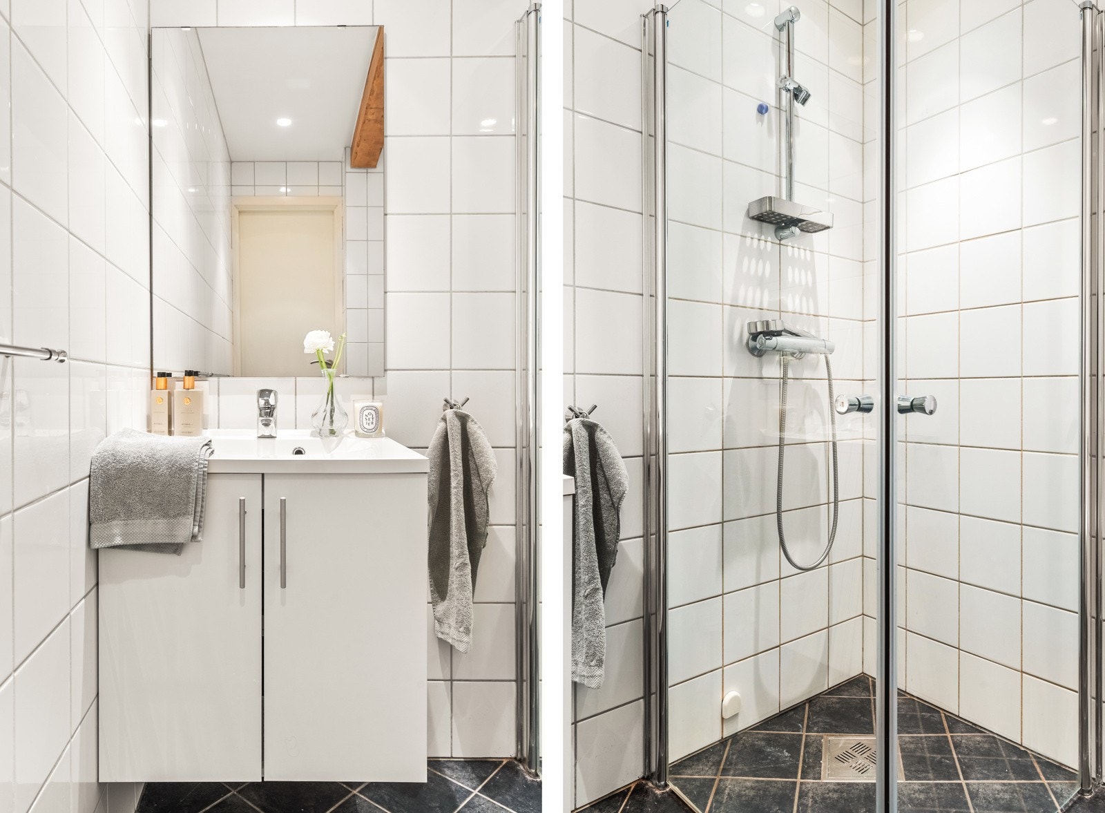 Rommet er innredet med dusj med glassvegger fra 2023, vegghengt toalett, og baderomsinnredning. Galleribilde
