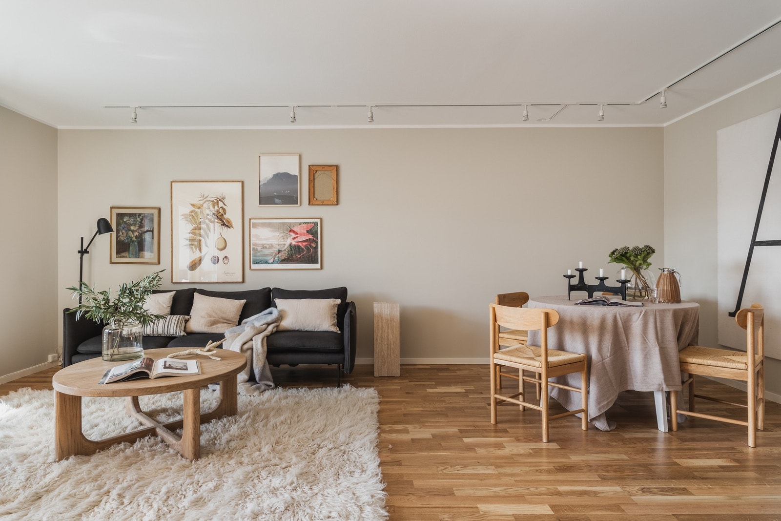 Lys og luftig allrom med plass til både sofa og spisegruppe. Galleribilde