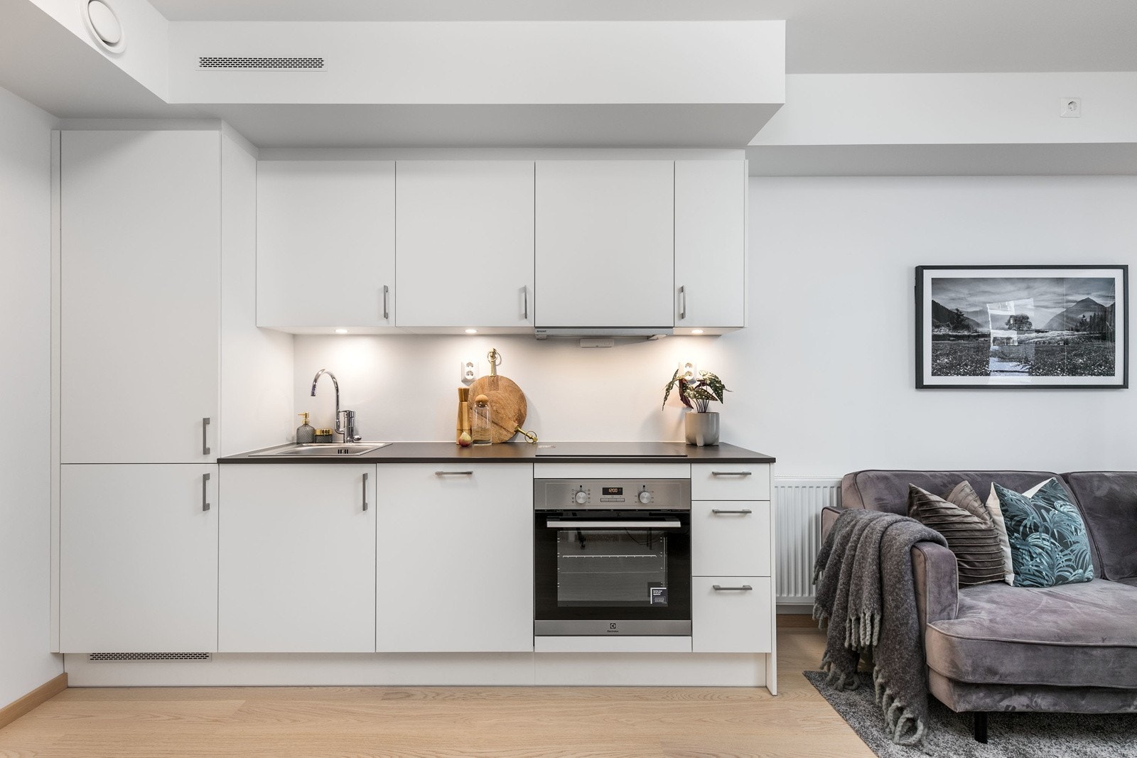 Kjøkkenet har rikelig med skap og benkeplass. Integrert kjøl/frys, ovn, oppvaskmaskin, steketopp og ventilasjon. Galleribilde