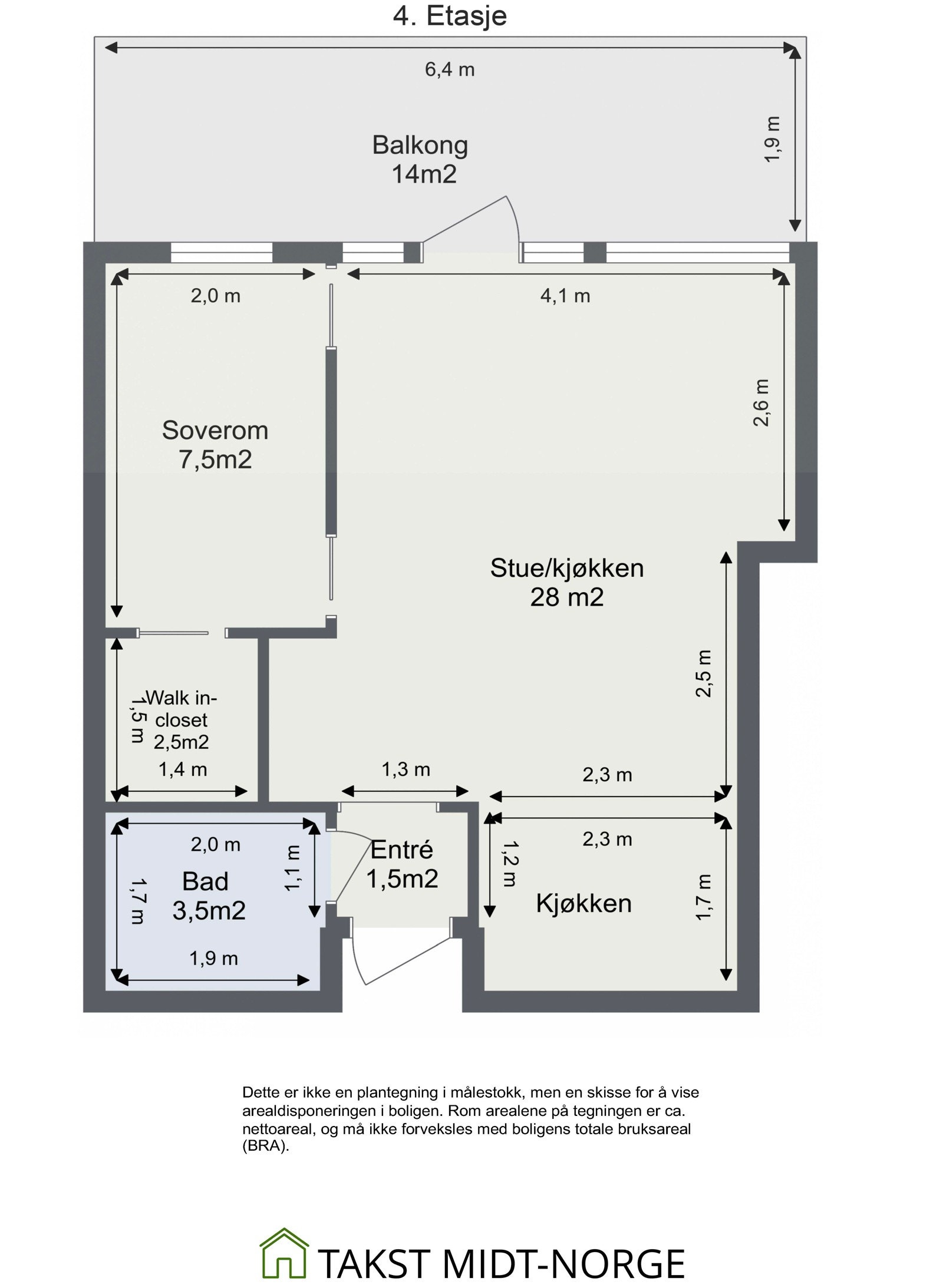 Planskisse - 4. Etasje. Det medfølger for øvrig egen bod og felles sykkelparkering i 1. Etasje. Galleribilde