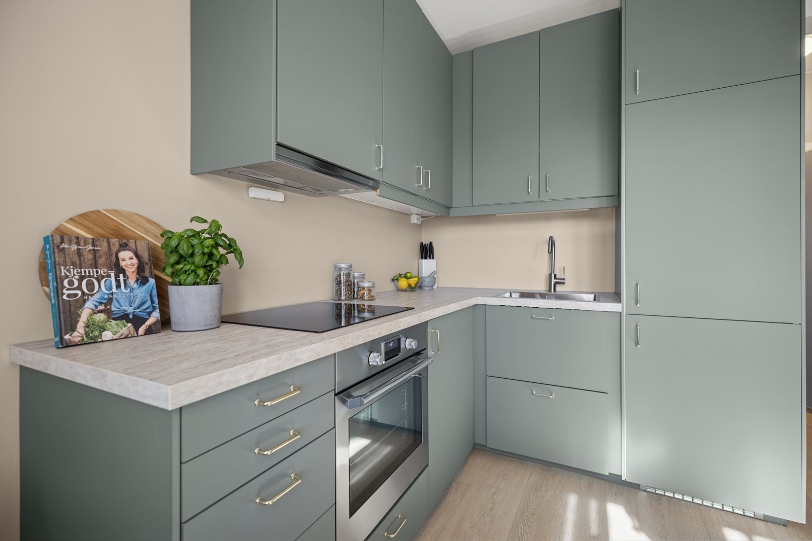 Kjøkkenet er utstyrt med alt du trenger, inkl. slette lakkerte fronter, laminat benkeplate, enkel oppvaskkum, kjøkkenventilator i stål, integrert koketopp, stekeovn og kjøl-/fryseskap. Galleribilde