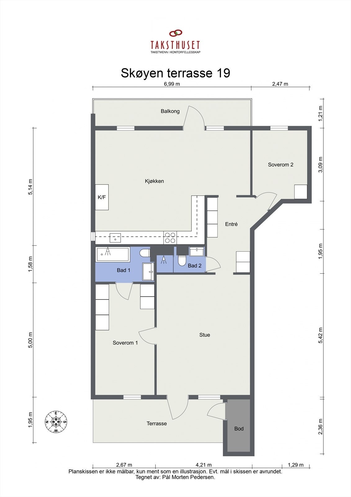 Luftig og gjennomgående planløsning med mål. Galleribilde