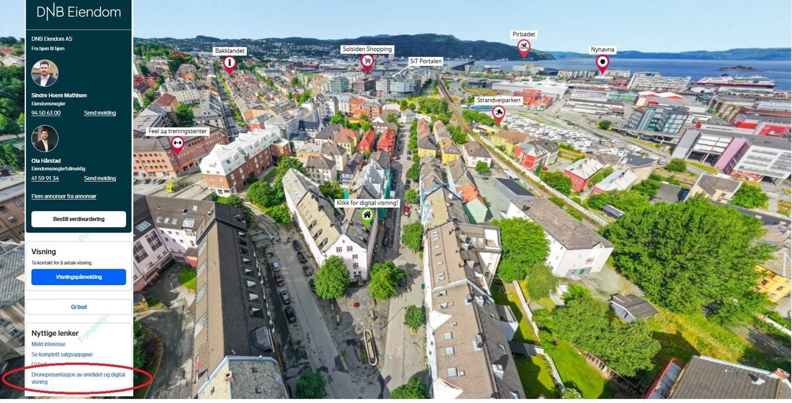 Denne boligen er markedsført med både dronepresentasjon av området og digital visning av leiligheten. Trykk på "Dronepresentasjon av området og digital visning" til høyre i finn.no-annonsen for å benytte visningen. Galleribilde