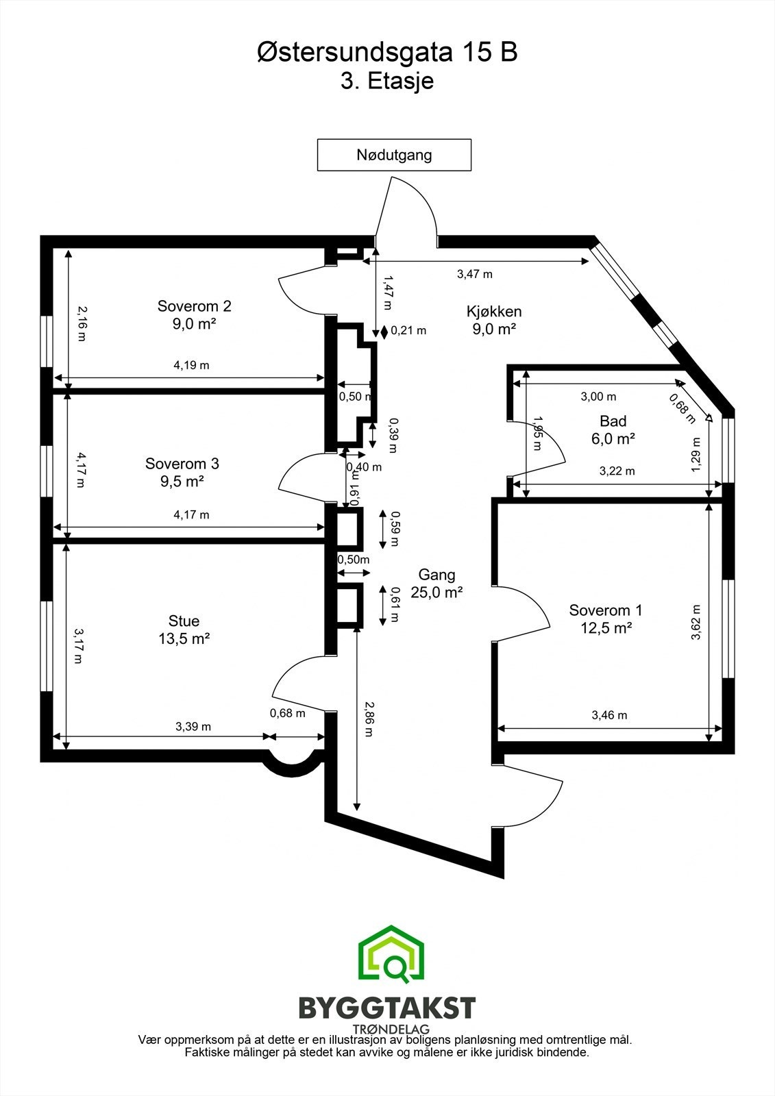 Leiligheten har svært god planløsning med 3 romslige soverom og stue. Kjøkken og bad har inngang fra stor gang. Det er store vinduer på begge sidene av leiligheten noe som sørger for mye naturlig lys. Galleribilde