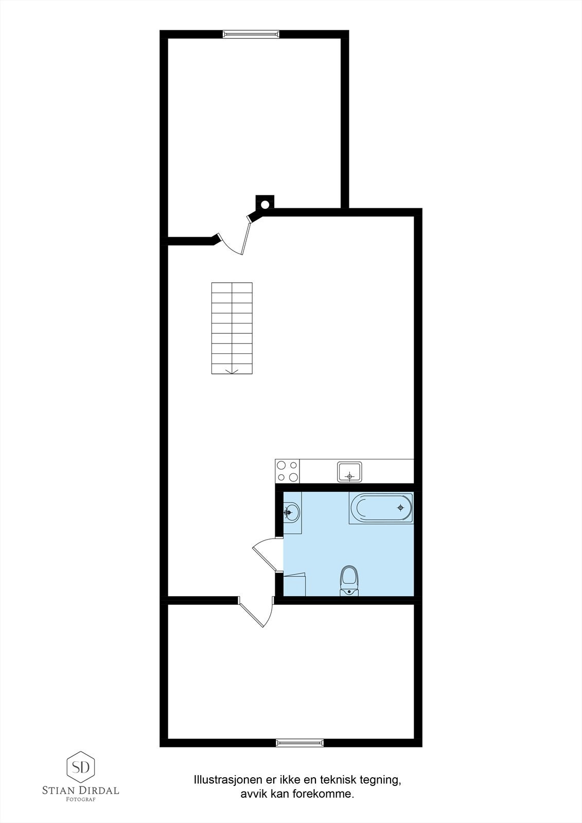 Rygjabøvegen 10 fototegning i 4 etasje. Boligdelen kun er godkjent som enebolig og at etablering av flere leiligheter ikke er omsøkt. Galleribilde