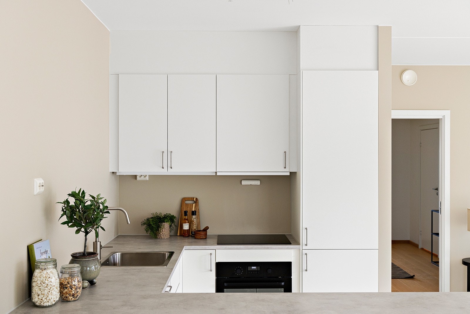 Kjøkkenet består av integrert kjøleskap med frys, induksjonstopp, stekeovn og oppvaskmaskin Galleribilde