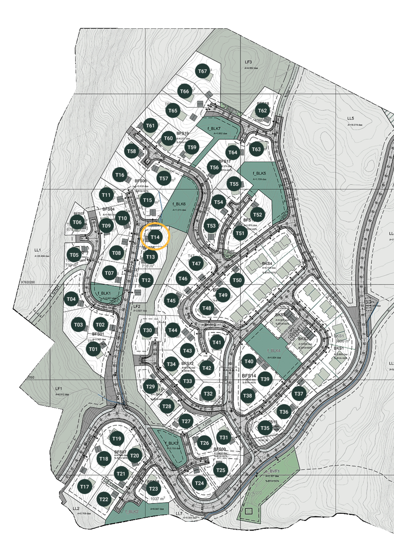 Tomteoversikt, tomt 14 markert i sirkel Galleribilde
